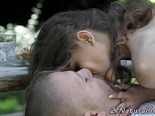 Euro babe rides intensely outdoors slowly