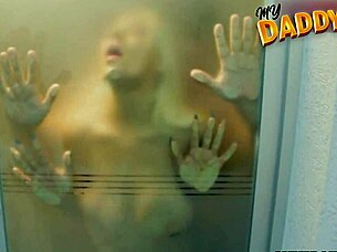 Fucking my blonde girlfriend in the steam.