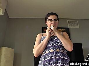 brunette sovereign syre in glasses gets deepthroat blowjob and facial from alex legend.