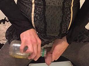 Old drunk engages in golden piss activity