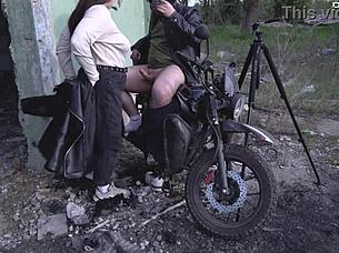 Hot russian milf dominates outdoors with handjob and dirty talk on big cock