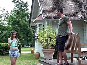 bombshell's juicy pussy filled with hot piss, squirting hard.