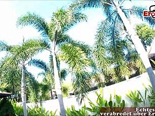 Blonde petite teen swallows outdoors with friend on holiday