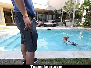 A pale redhead teen gets fucked by her swimming coach in a CFNM scenario.