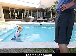 A pale redhead teen gets fucked by her swimming coach in a CFNM scenario.