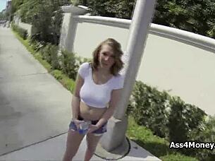 this fantastic big tit teen gives a blowjob outdoors on a sunny day in pov