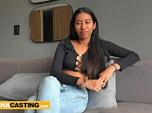 Brunette college babe waits for big cock in casting striptease.