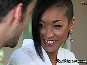 stunning ebony masseuse gives facial during nuru massage 😍