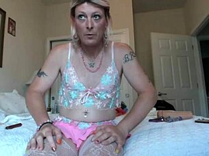 Sexy trans babe in lingerie rides dildo anally