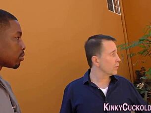 Humiliated cuckold watches wife swallow monster cock cum.