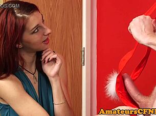 Redhead beauty sucks cock in heels and skirt for humiliation!