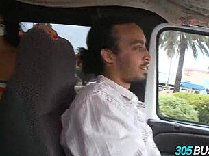 Curly haired teen babe gives blowjob on bus