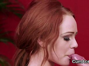 frisky beauty gulps cumshot on her face in blowbang