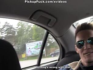 busty brunette in shoes gets picked up for wild outdoor threesome