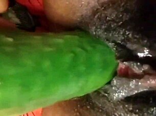 Ebony cyndy fucks cucumber in pussy with close-up squirt 😏