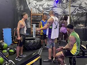 This sexy Brazilian babe couldn't resist 4 gym hunks for interracial fun! 😏