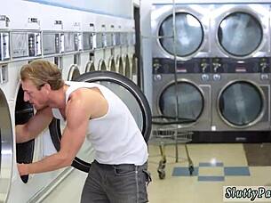 A teen nerd performs blowjobs and handjobs during laundry day at a wild party