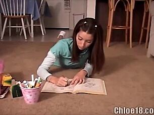 Petite 18+ Brunette With Tattoos Fingering Her Tight Little Cunt With A Crayon