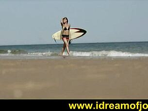 surfs up, brunette surfer enjoys solo time on beach