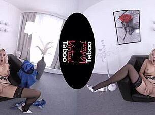 Blonde hairless girl masturbates big ass in office pov