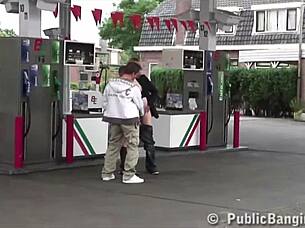 Pregnant Teen Gangbang Threesome at Public Gas Station