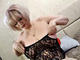 my old whore wife poses sexually twirling saggy tits