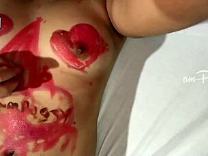 amateur girl paints her naked asian body with lipsticks
