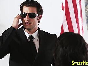 A uniformed teen gives a blowjob and gets cum in her mouth in HD