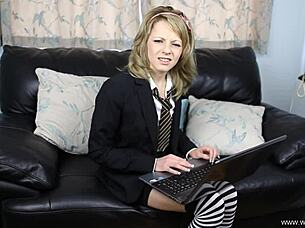 Cute blonde strips in college uniform and fingers wet pussy