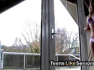 nerdy teen interacts with grandpa in an intense way, sucking and missionary style