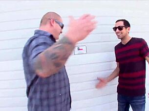 Sexy brunette slut in Storage Wars parody gives blowjob and wanks