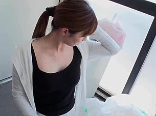 mayumi enoda shows big shaved tits while taking out trash