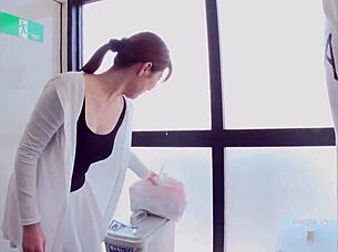 mayumi enoda shows big shaved tits while taking out trash