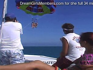 Three Hot Spring Breakers Go Naked Parasailing Outdoors