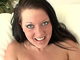 a dark haired babe in stockings rides and licks toys before bent over anal in garage