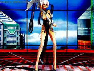 Beautiful half-naked whore dances with naked pussy intensely.