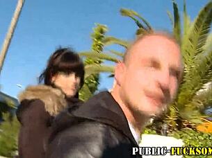 Petite Brunette Babe Performs Public Handjob and Fingering