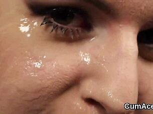 Frisky doll enjoys facial cumshot and eats it all