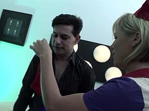 Euro guys order food but fuck delivery lady with big cocks in group threesome.