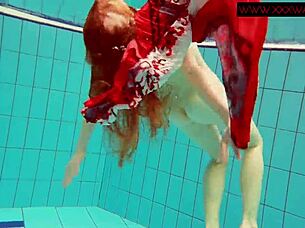 hairy ginger polish teen relaxes naked underwater at the pool