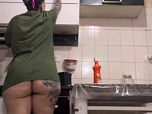 Maid Cleans Kitchen, Reveals Huge Ass And Cock
