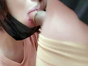 Ladyboy Blowjob Outdoors, Thick Cum on Thighs, STOCKINGS Back ON