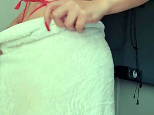 Blonde latina slut flashes tits and ass in towel!