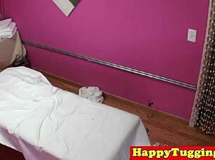 busty asian masseuse in sneakers gives great tugging handjob on hidden cam, it's so sneaky and hot