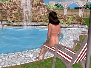 Cute girl poses seductively and bathes by pool in 3d animation