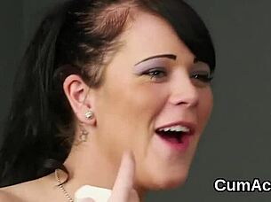 Frisky hottie gets cum shot on face gulping ejaculate