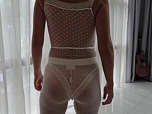 Babe with small tits does wide gapping pussy yoga at home in lingerie 😊