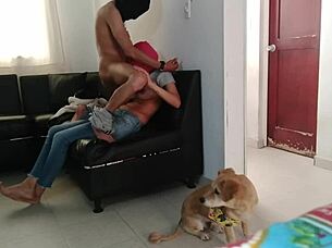 Stepsister milks me in living room!