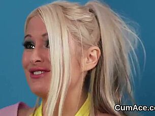 Frisky peach sucks cum shot on her face 😜