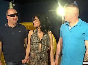 Petite brunette milf joined the gangbang orgy, getting licked and banged by the group.